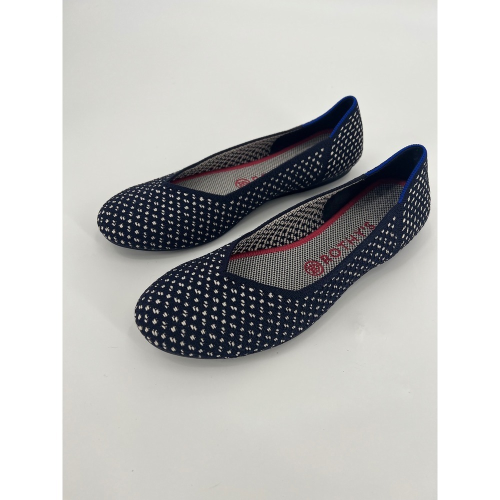 Rothys The Point Navy Blue White Spotted Pointed Toe Flats Womens 9.5